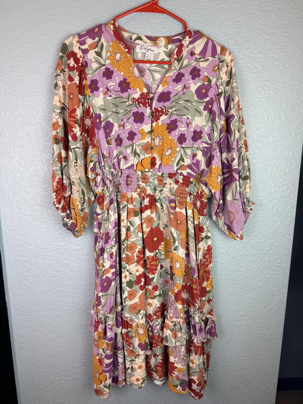 Polagram Dress Womens Medium Floral Print Smocked Ruffle Boho Mini 3/4 Sleeve